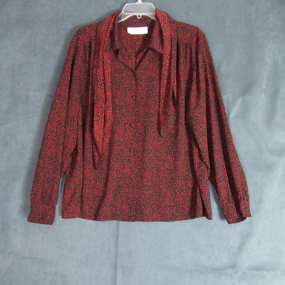 Vintage Breckenridge Top Womens 1X Black Red Secretary Geek Tie Retro Blouse 90s